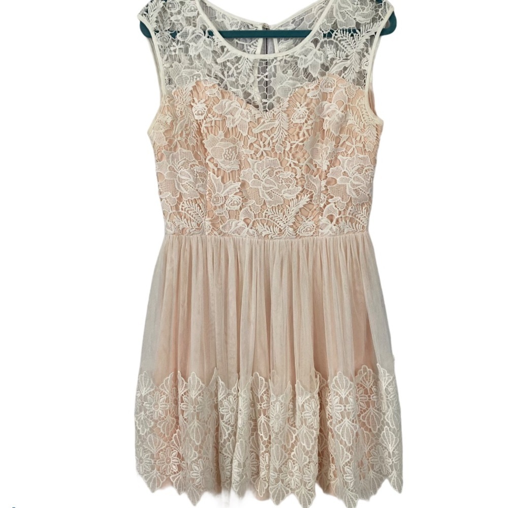 ModCloth Soieblu Tulle Short Dress Ivory Lace Overlay L